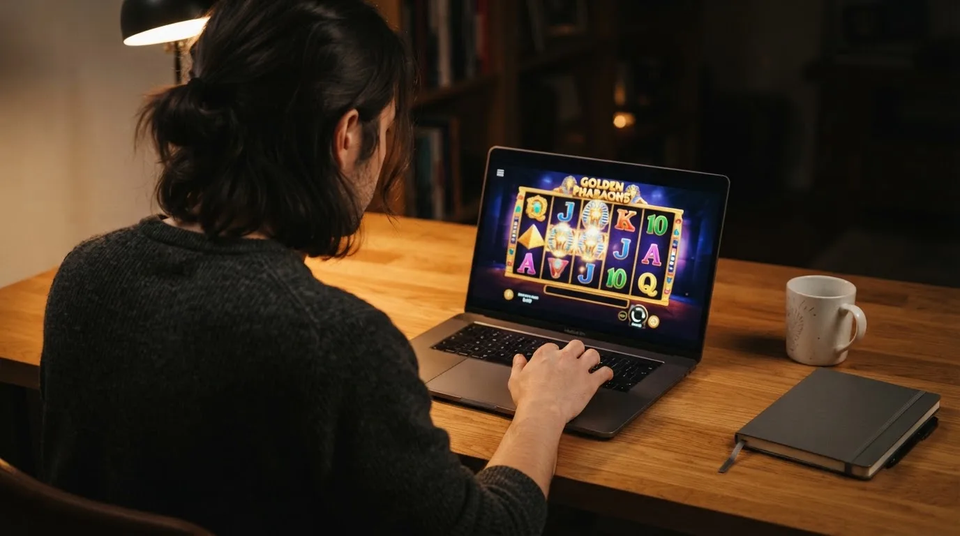 Person am Laptop liest eine Übersichtsseite zu Glücksspielen im Internet — 10 euro bonus ohne einzahlung casino