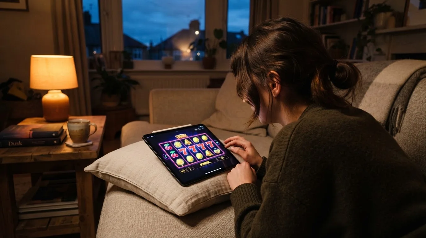 Person sitzt entspannt auf einem Sofa und blickt konzentriert auf ein Tablet in gedämpftem Wohnzimmerlicht am Abend.