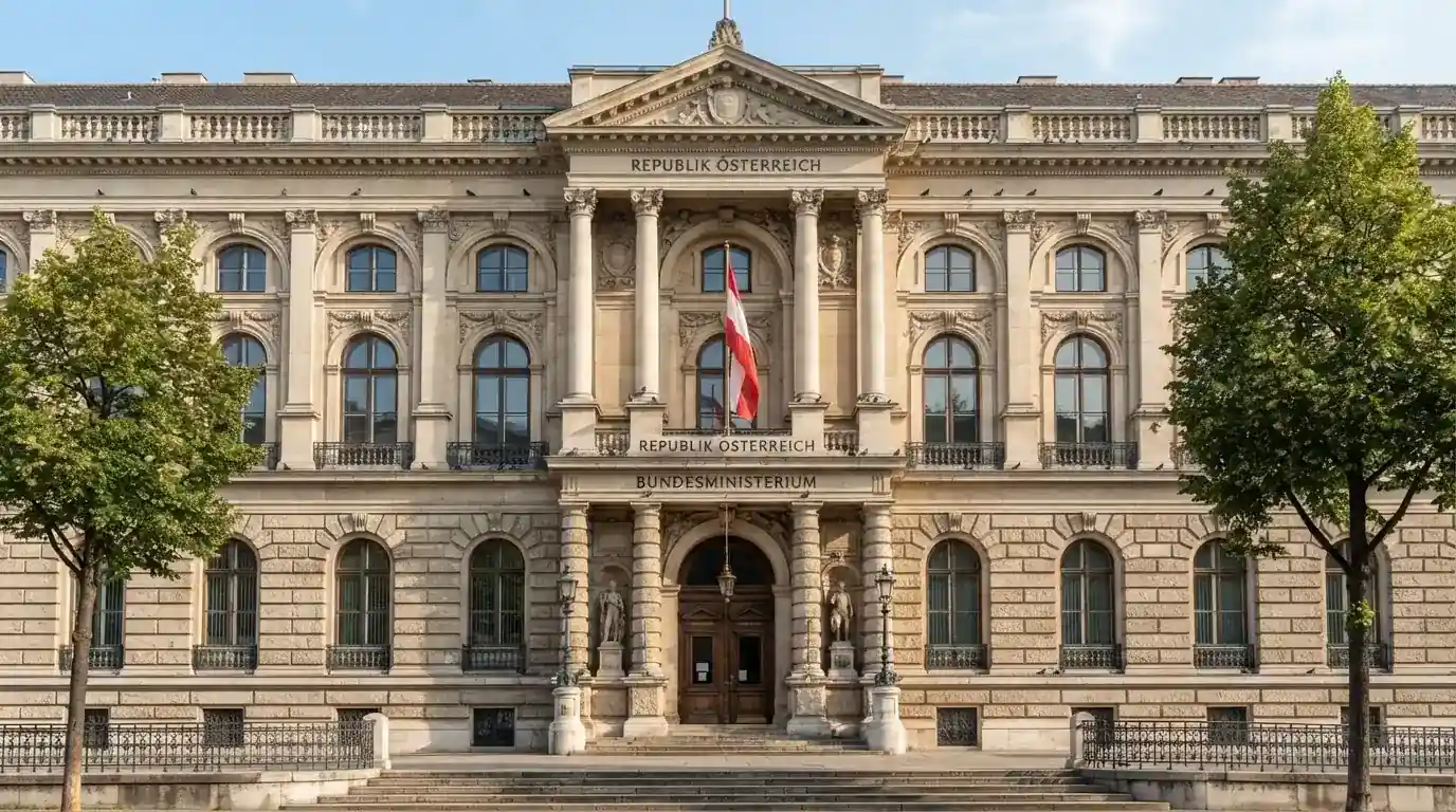 Fassade eines klassizistischen Wiener Amtsgebäudes mit österreichischer Flagge an einem klaren Nachmittag.