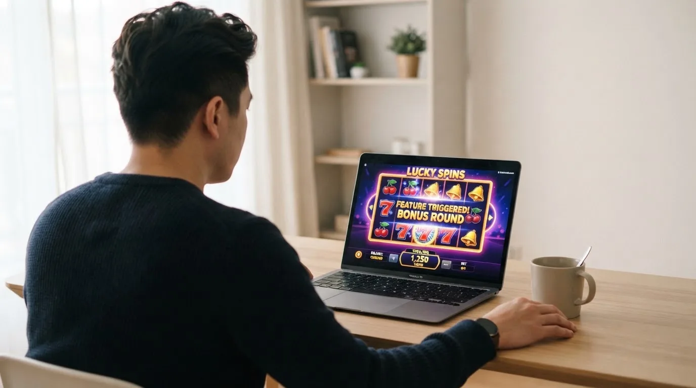 Person am Laptop liest eine Übersichtsseite zu Glücksspielen im Internet — 15 euro bonus ohne einzahlung casino