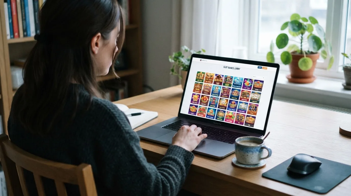 Person am Laptop liest eine Übersichtsseite zu Glücksspielen im Internet — 150 freispiele ohne einzahlung