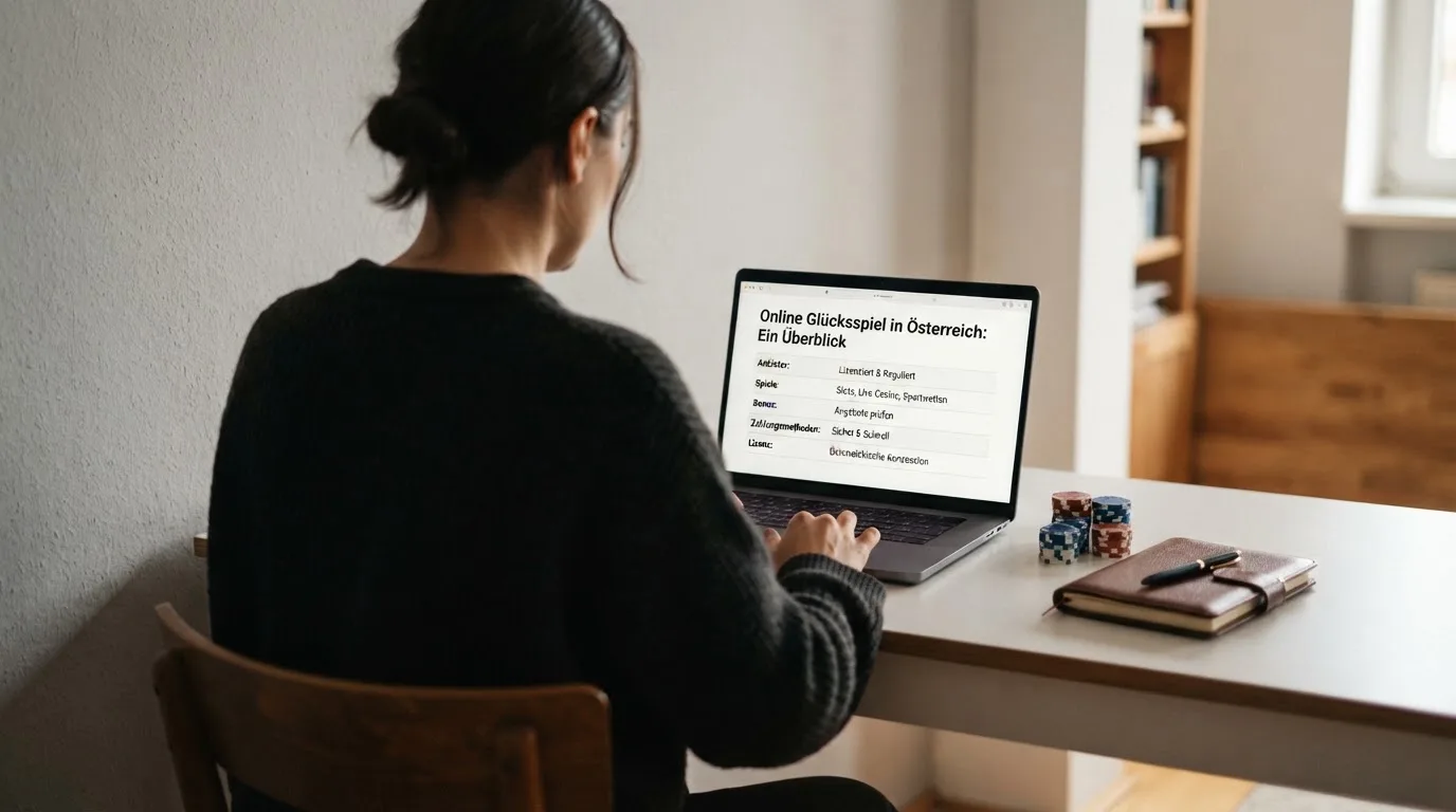 Person am Laptop liest eine Übersichtsseite zu Glücksspielen im Internet — 20 euro bonus ohne einzahlung casino