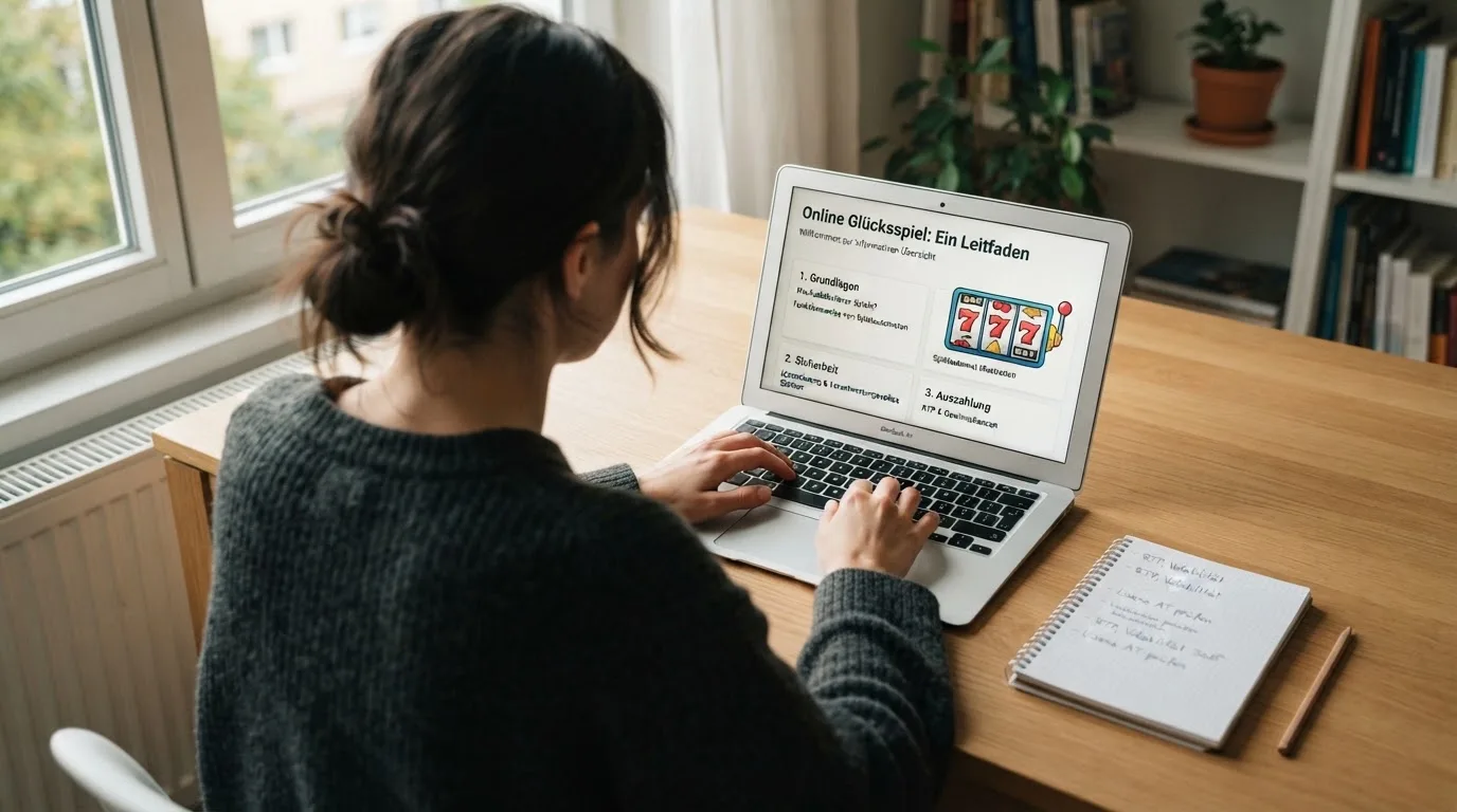 Person am Laptop liest eine Übersichtsseite zu Glücksspielen im Internet — 20 freispiele ohne einzahlung