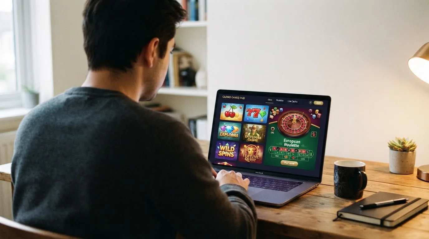Person am Laptop liest eine Übersichtsseite zu Glücksspielen im Internet — 30 euro bonus ohne einzahlung casino
