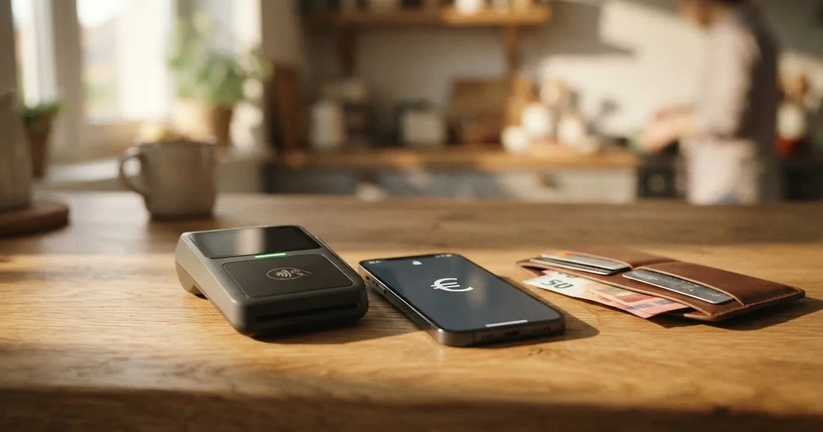 Kartenterminal und Smartphone auf einem Holztisch neben einer Geldbörse — 30 euro bonus ohne einzahlung casino