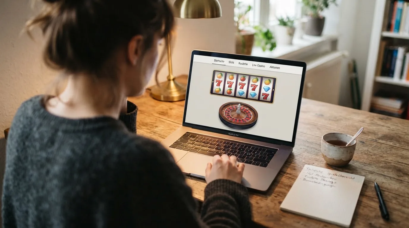 Person am Laptop liest eine Übersichtsseite zu Glücksspielen im Internet — 40 euro bonus ohne einzahlung casino