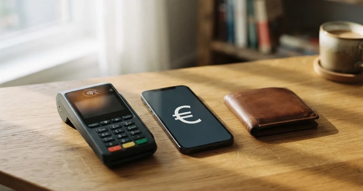 Kartenterminal und Smartphone auf einem Holztisch neben einer Geldbörse — 40 euro bonus ohne einzahlung casino