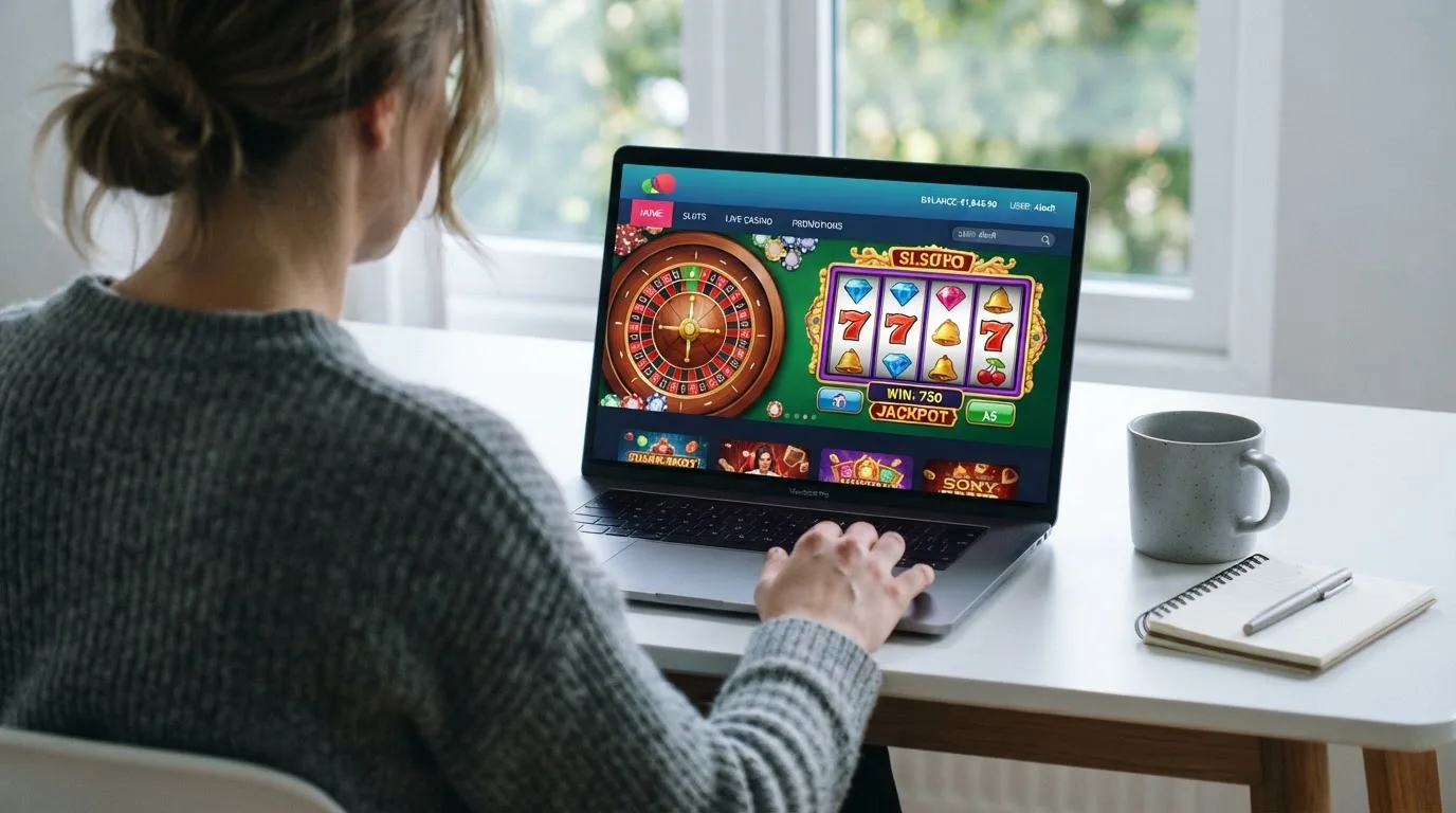 Person am Laptop liest eine Übersichtsseite zu Glücksspielen im Internet — 5 euro bonus ohne einzahlung casino