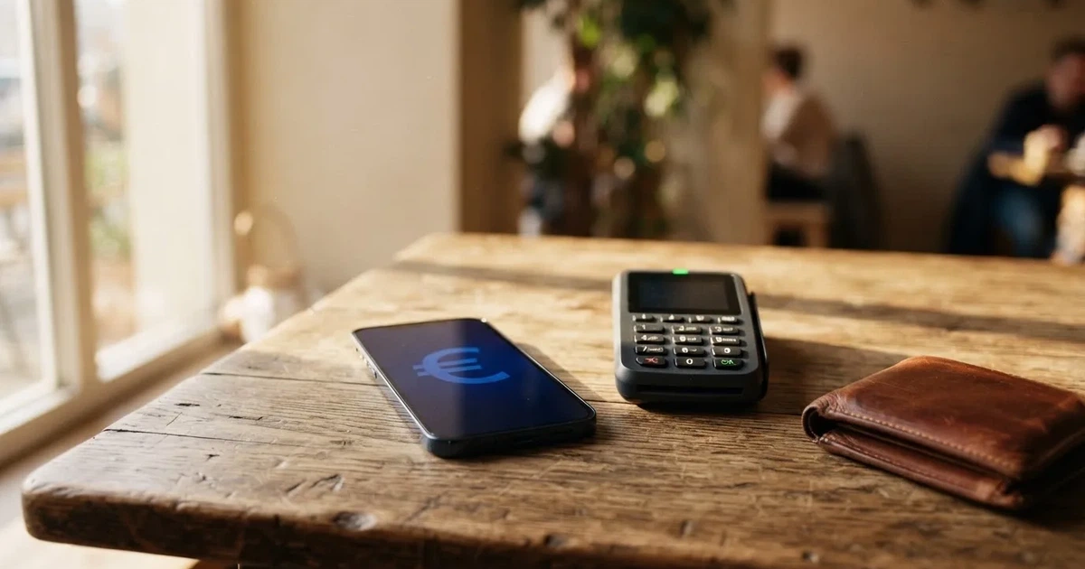 Kartenterminal und Smartphone auf einem Holztisch neben einer Geldbörse — 5 euro bonus ohne einzahlung casino