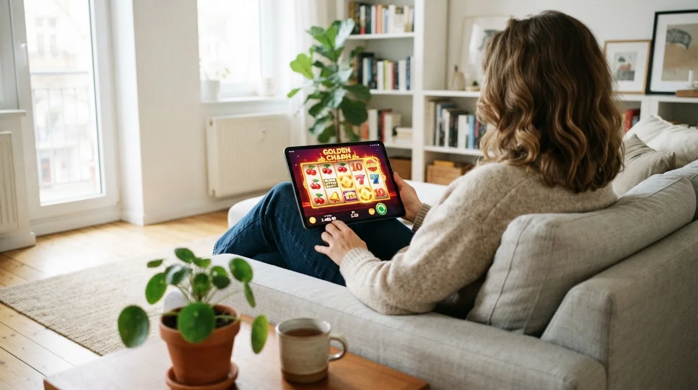 Person sitzt entspannt mit einem Tablet auf dem Schoß in einem hellen Wohnzimmer und blickt konzentriert auf den Bildschirm.