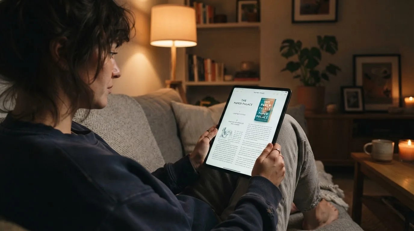 Person sitzt entspannt auf einem Sofa und blickt konzentriert auf ein Tablet in gedämpftem Wohnzimmerlicht am Abend.