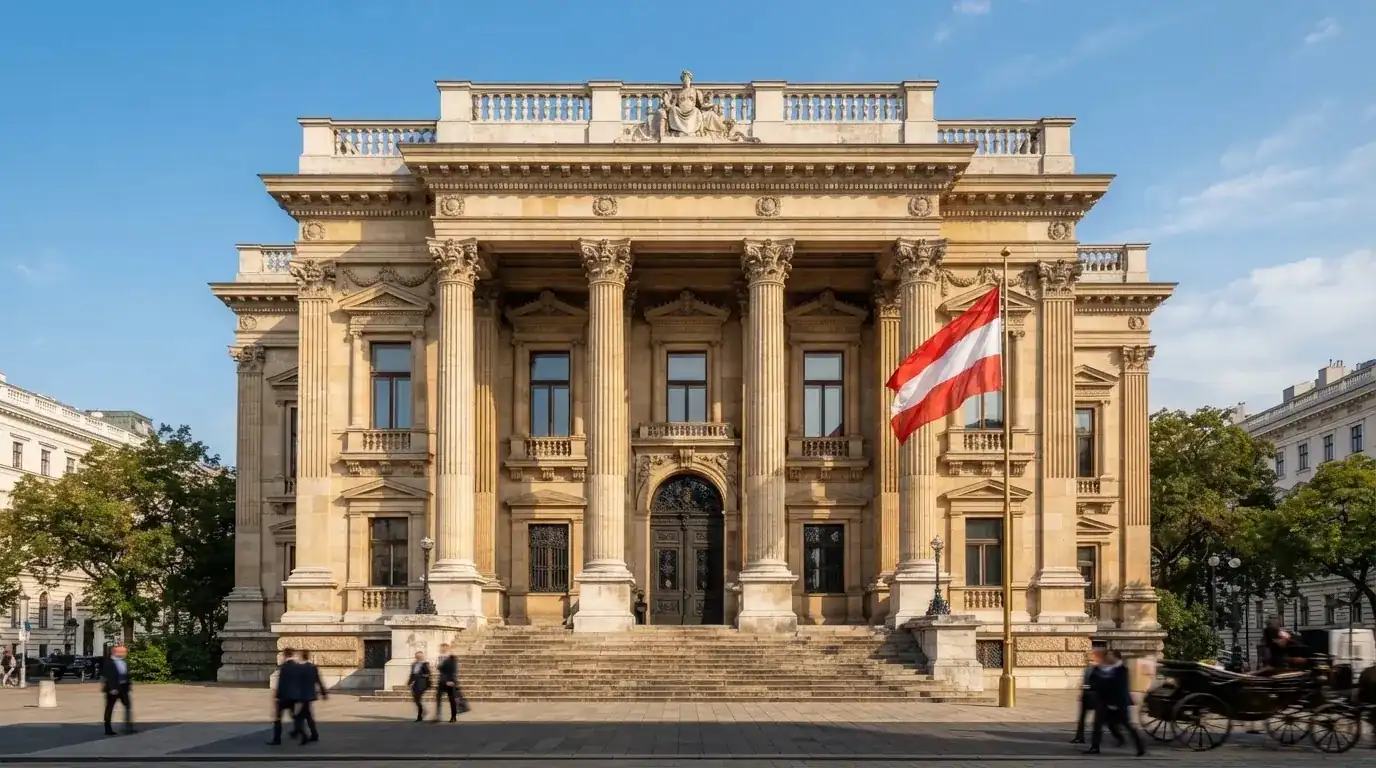 Fassade eines klassizistischen Wiener Amtsgebäudes mit österreichischer Flagge an einem klaren Nachmittag.
