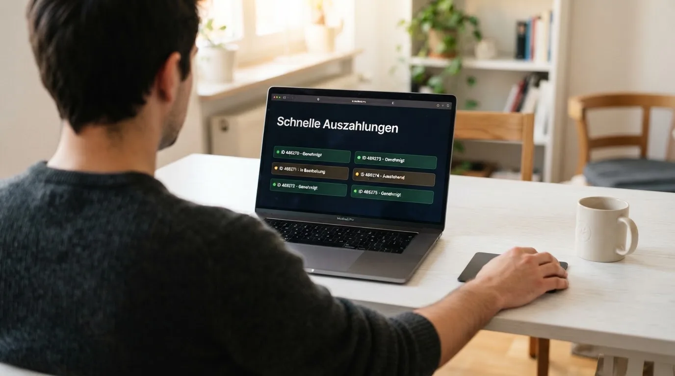Person am Laptop liest eine Übersichtsseite zu Glücksspielen im Internet — beste casino mit schneller auszahlung