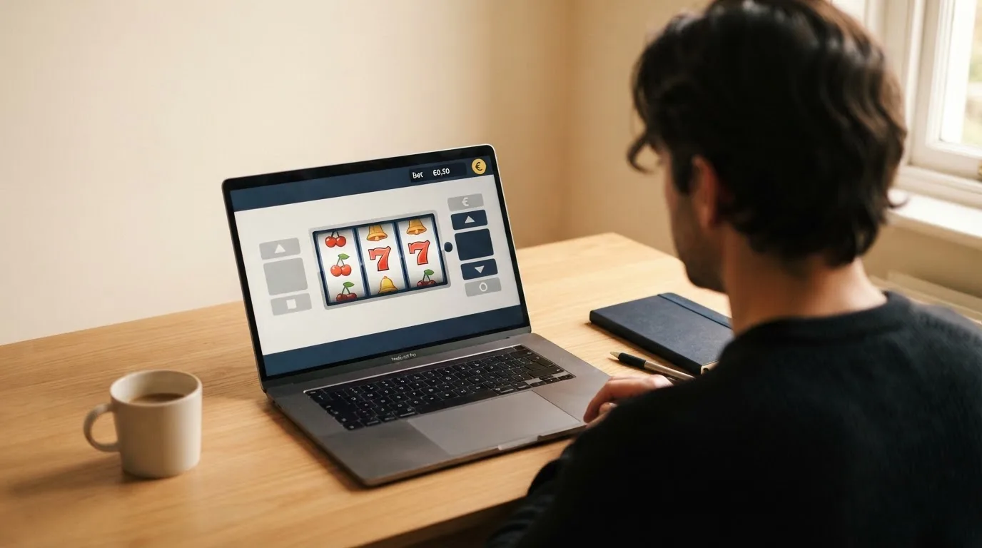 Person am Laptop liest eine Übersichtsseite zu Glücksspielen im Internet — beste casino ohne verifizierung auszahlen
