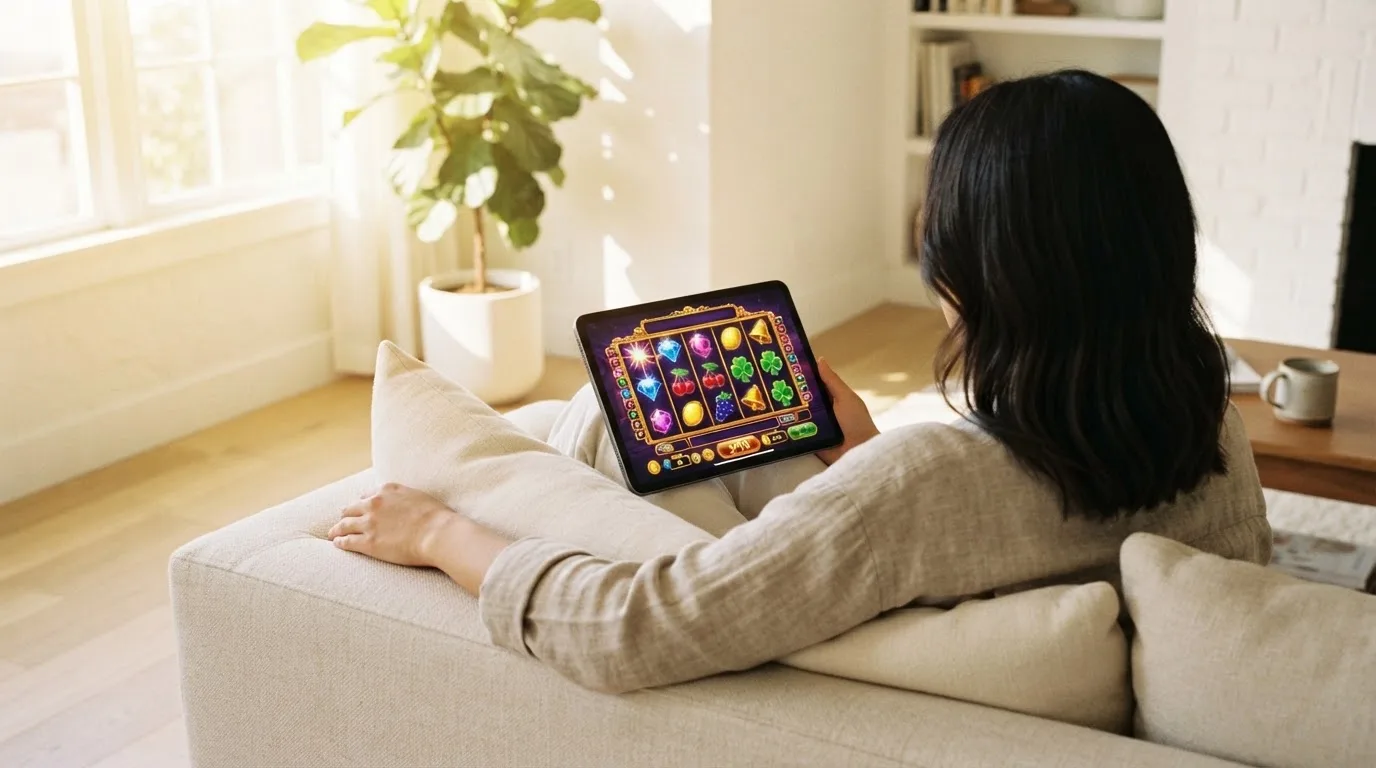 Person sitzt entspannt mit einem Tablet auf dem Schoß in einem hellen Wohnzimmer.