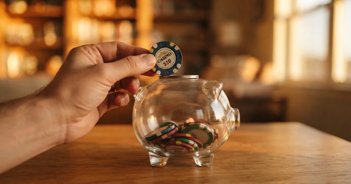 Nahaufnahme einer Hand, die Münzen in ein Sparschwein aus Glas auf einem Holztisch steckt.