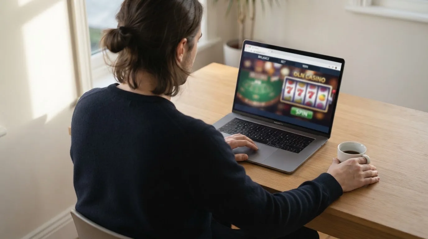 Person am Laptop liest eine Übersichtsseite zu Glücksspielen im Internet — beste craps online casinos österreich