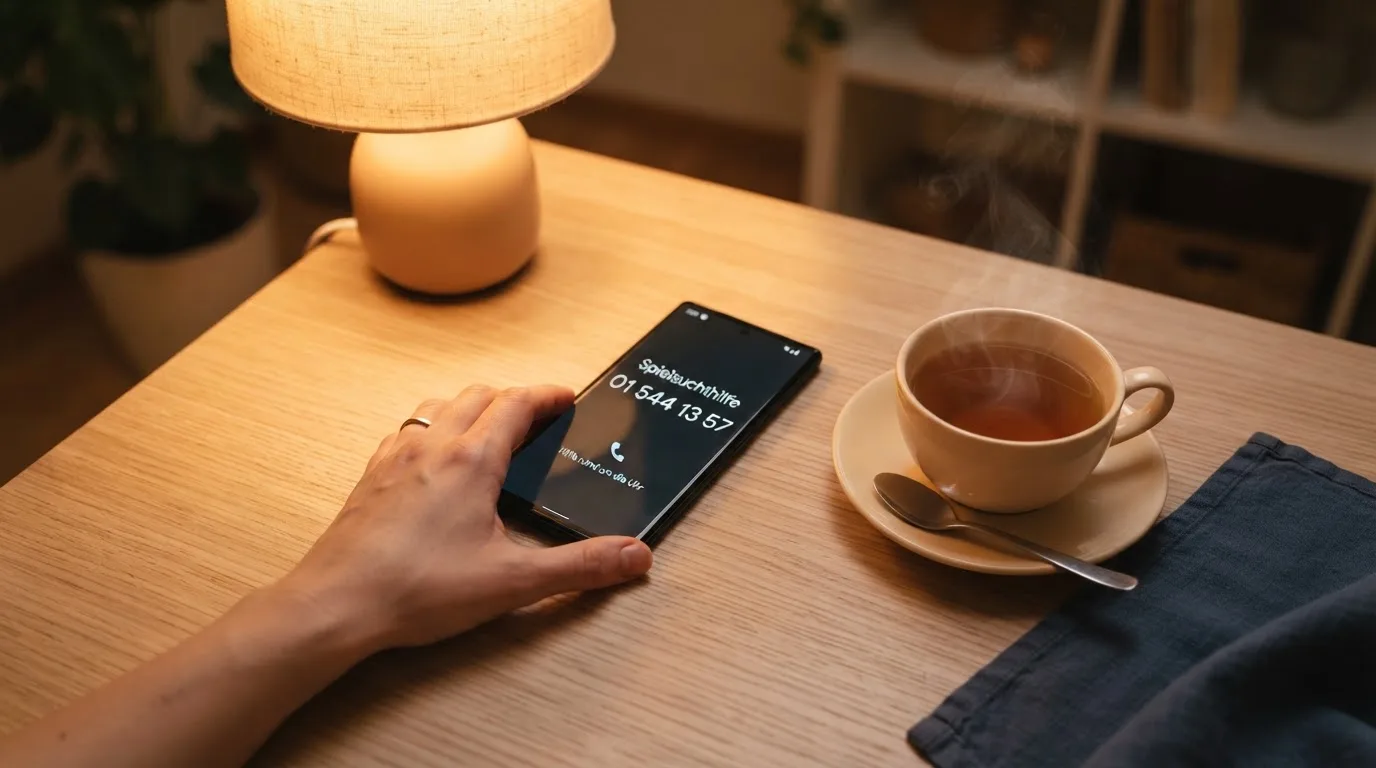 Hand hält ein Smartphone, daneben eine Tasse Tee, ruhige Abendstimmung am Küchentisch — beste online casino ausland