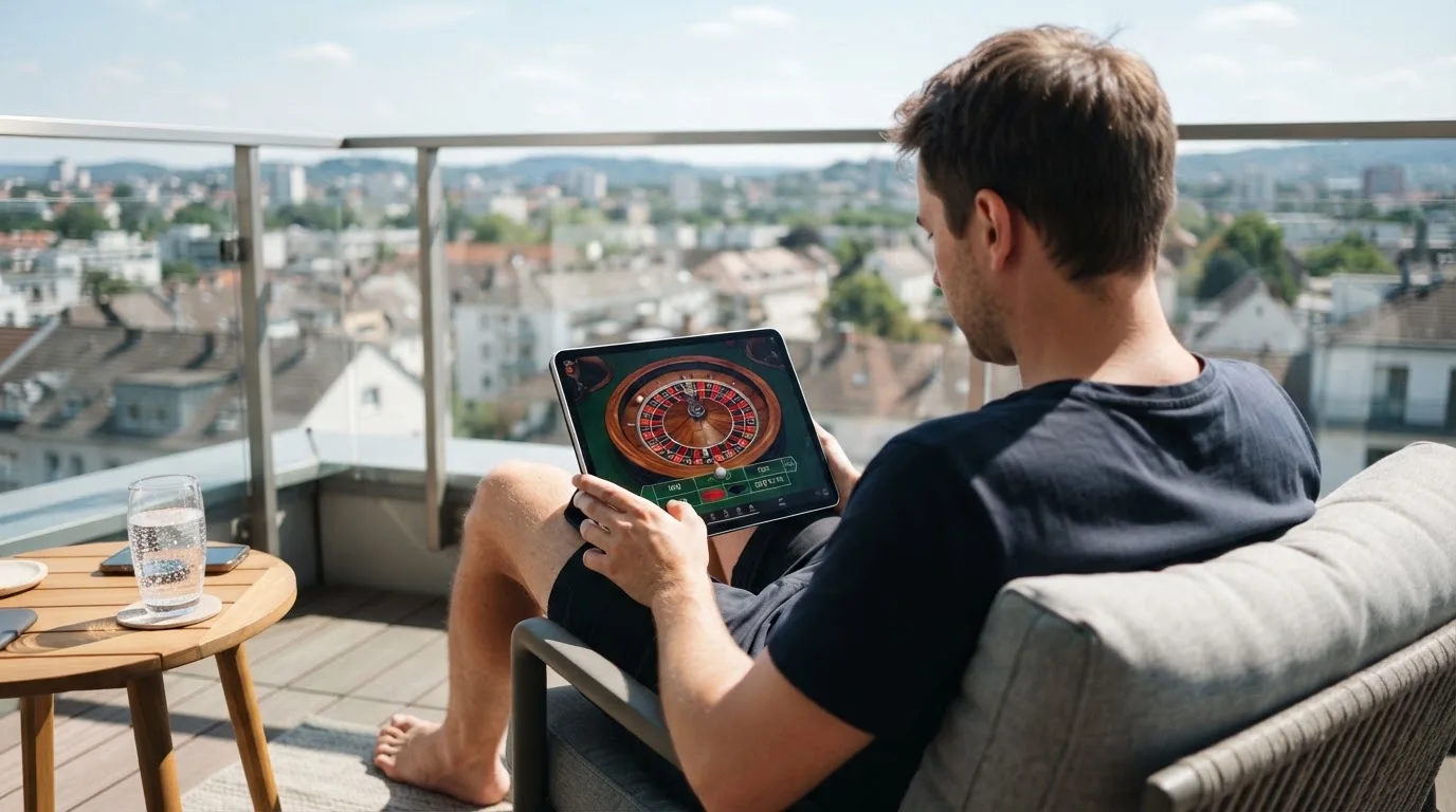 Person sitzt entspannt mit einem Tablet auf dem Balkon eines modernen Apartments.