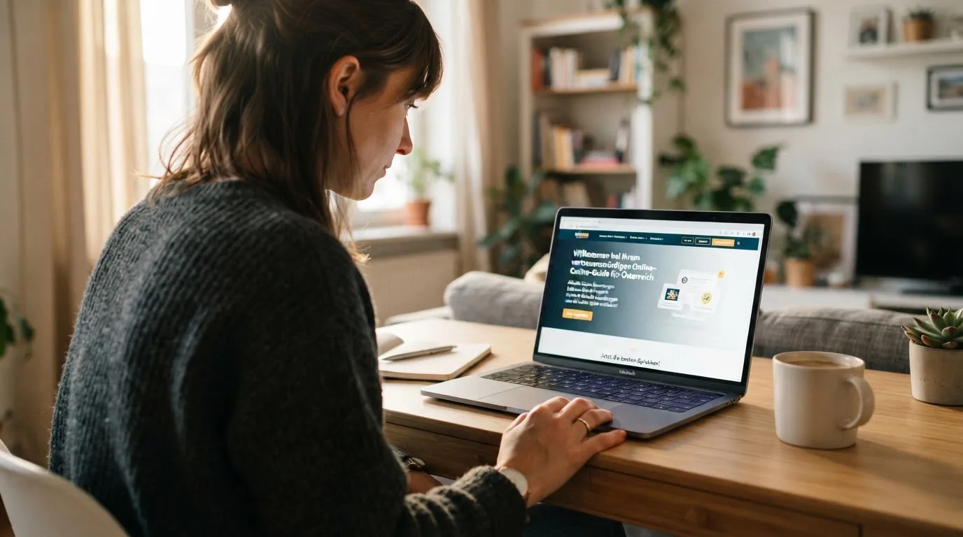 Person am Laptop liest eine Übersichtsseite zu Glücksspielen im Internet — beste online casino mit banküberweisung bezahlen