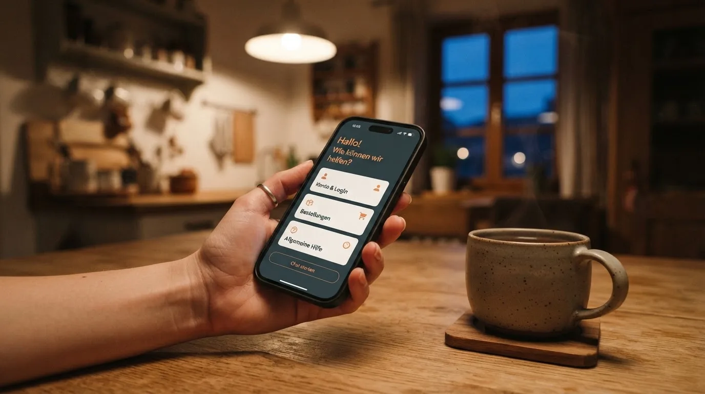 Hand hält ein Smartphone, daneben eine Tasse Tee, ruhige Abendstimmung am Küchentisch — beste online casino österreich