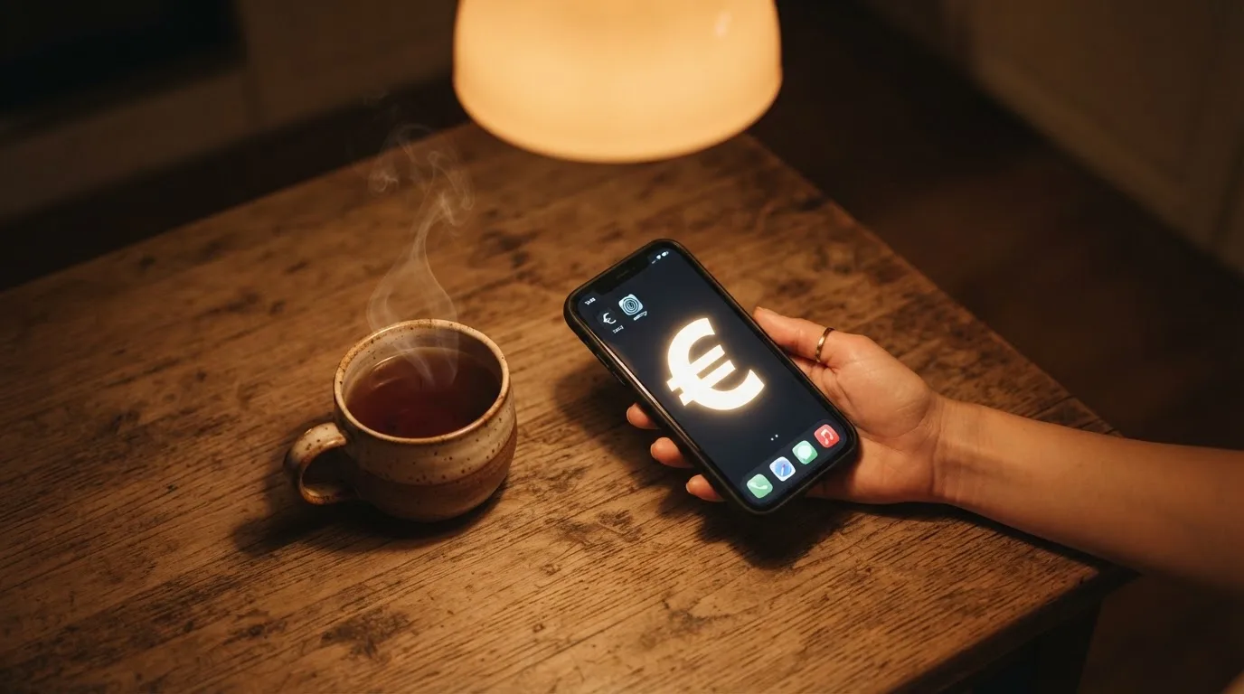 Hand hält ein Smartphone, daneben eine Tasse Tee, ruhige Abendstimmung am Küchentisch — beste online casinos echtgeld