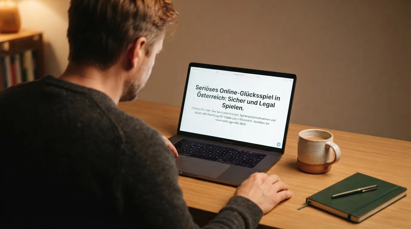 Person am Laptop liest eine Übersichtsseite zu Glücksspielen im Internet — beste online casinos mit österreichischer lizenz