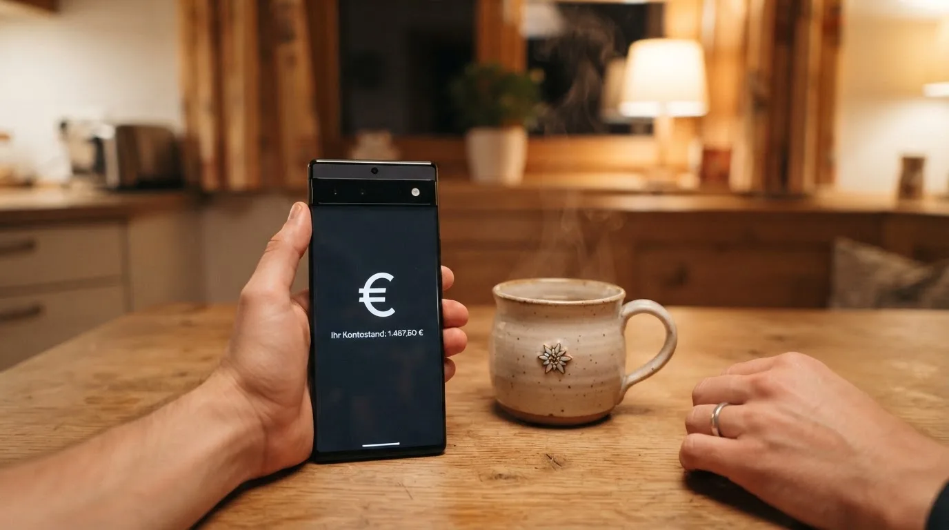 Hand hält ein Smartphone, daneben eine Tasse Tee, ruhige Abendstimmung am Küchentisch — beste online casinos mit österreichischer lizenz