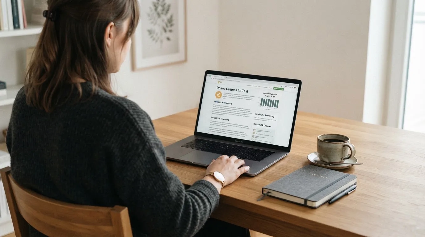 Person am Laptop liest eine Übersichtsseite zu Glücksspielen im Internet — beste online casinos österreich mit no deposit bonus