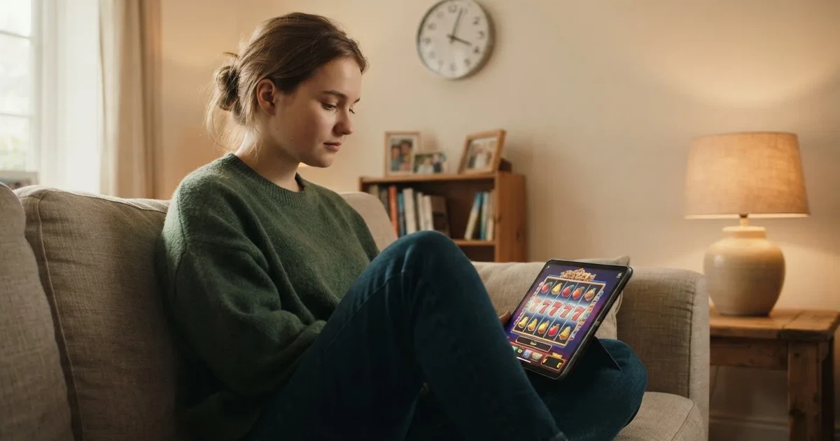 Person am Sofa schaut nachdenklich auf ein Tablet, im Hintergrund eine Uhr — beste online casinos österreich mit no deposit bonus