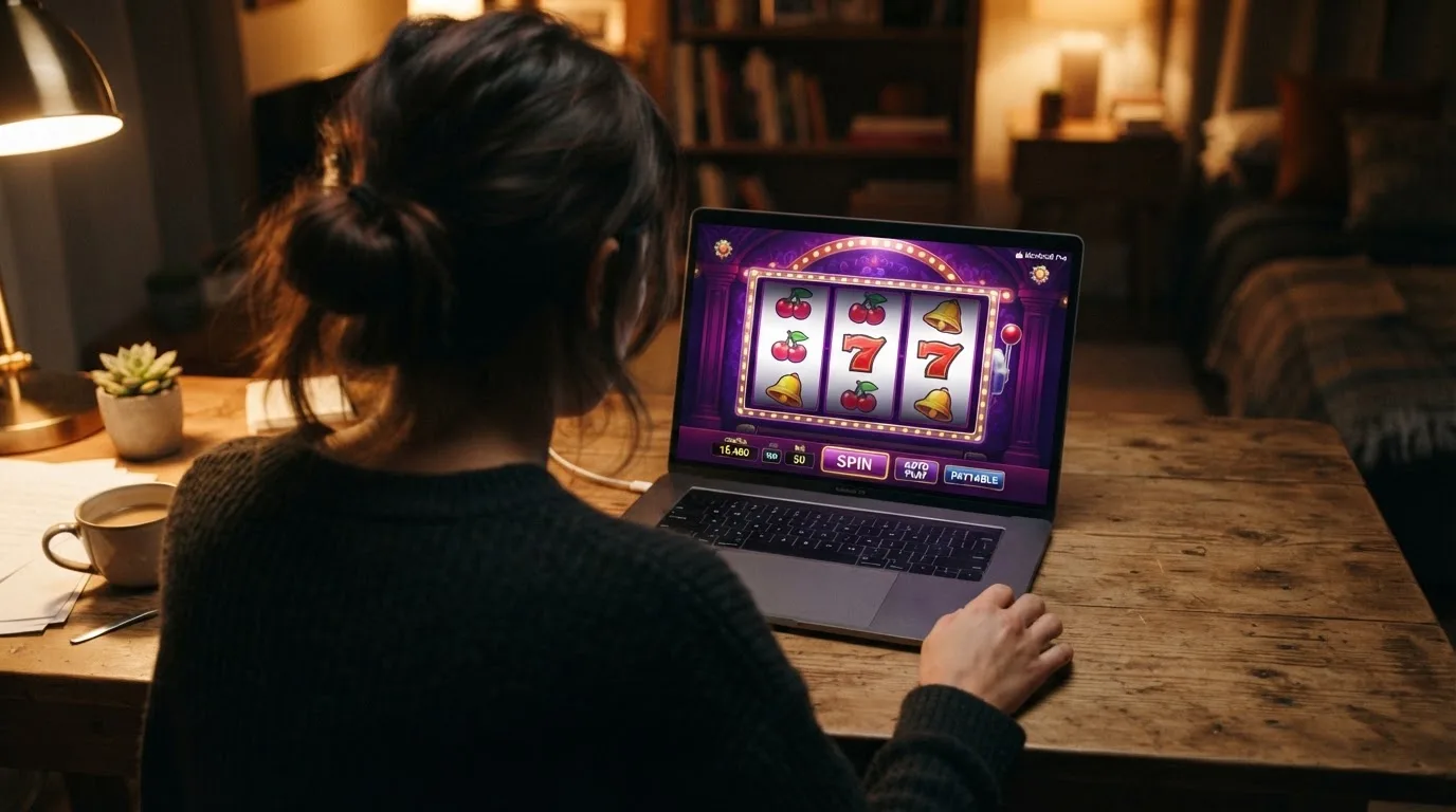 Person am Laptop liest eine Übersichtsseite zu Glücksspielen im Internet — beste online casinos ohne verifizierung