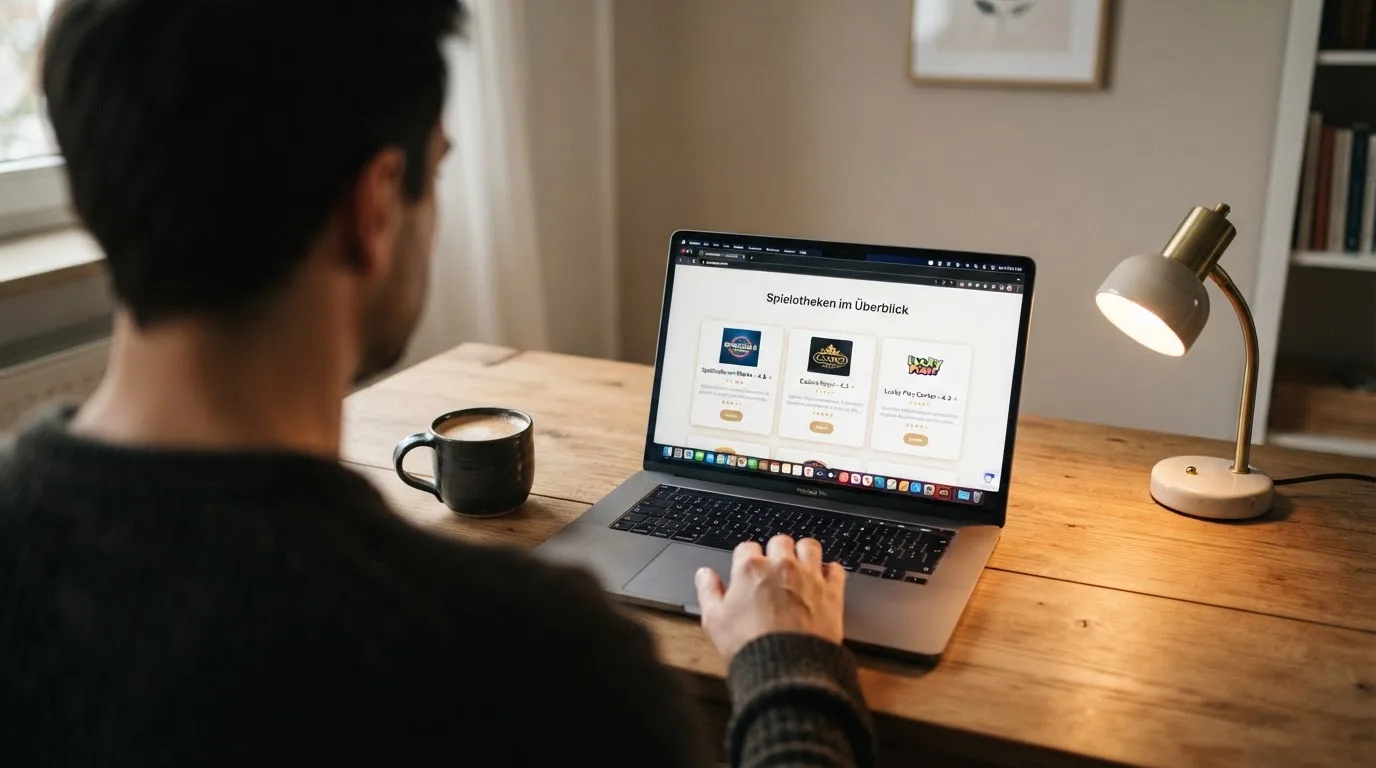 Person am Laptop liest eine Übersichtsseite zu Glücksspielen im Internet — beste online spielothek casinos