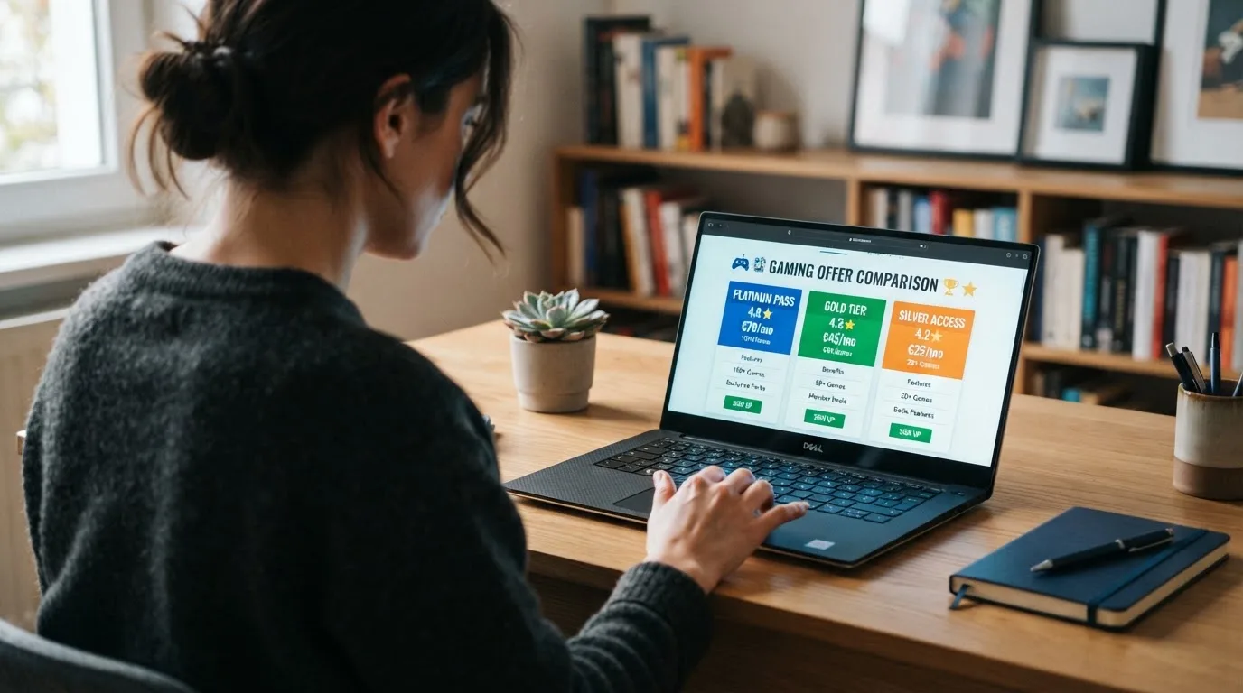 Person am Laptop liest eine Übersichtsseite zu Glücksspielen im Internet — bester willkommensbonus online casino