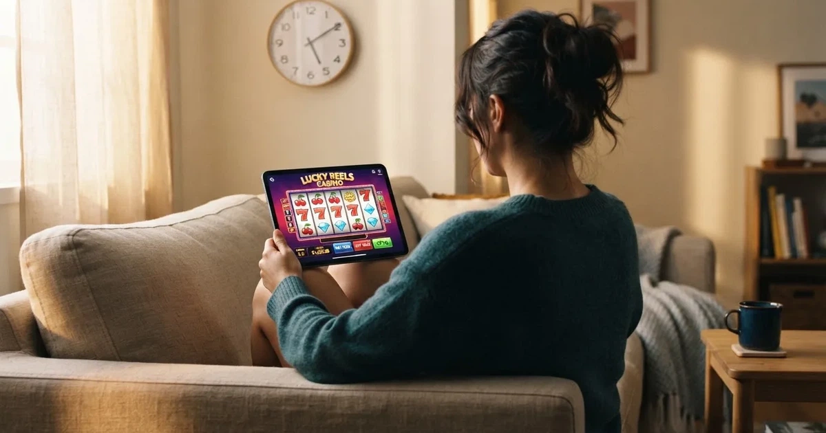 Person am Sofa schaut nachdenklich auf ein Tablet, im Hintergrund eine Uhr — bester willkommensbonus online casino