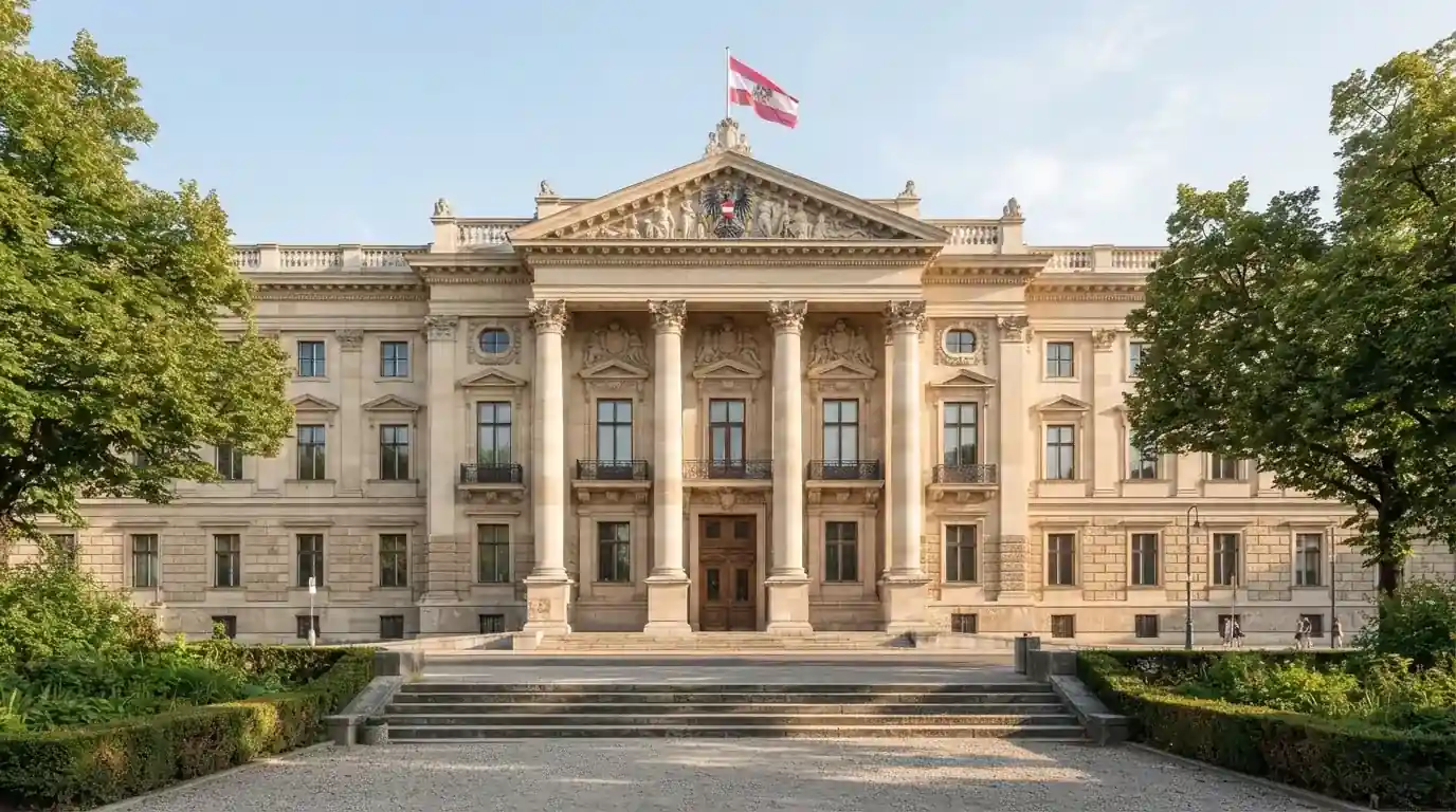 Fassade eines klassizistischen Wiener Amtsgebäudes mit österreichischer Flagge an einem klaren Nachmittag.