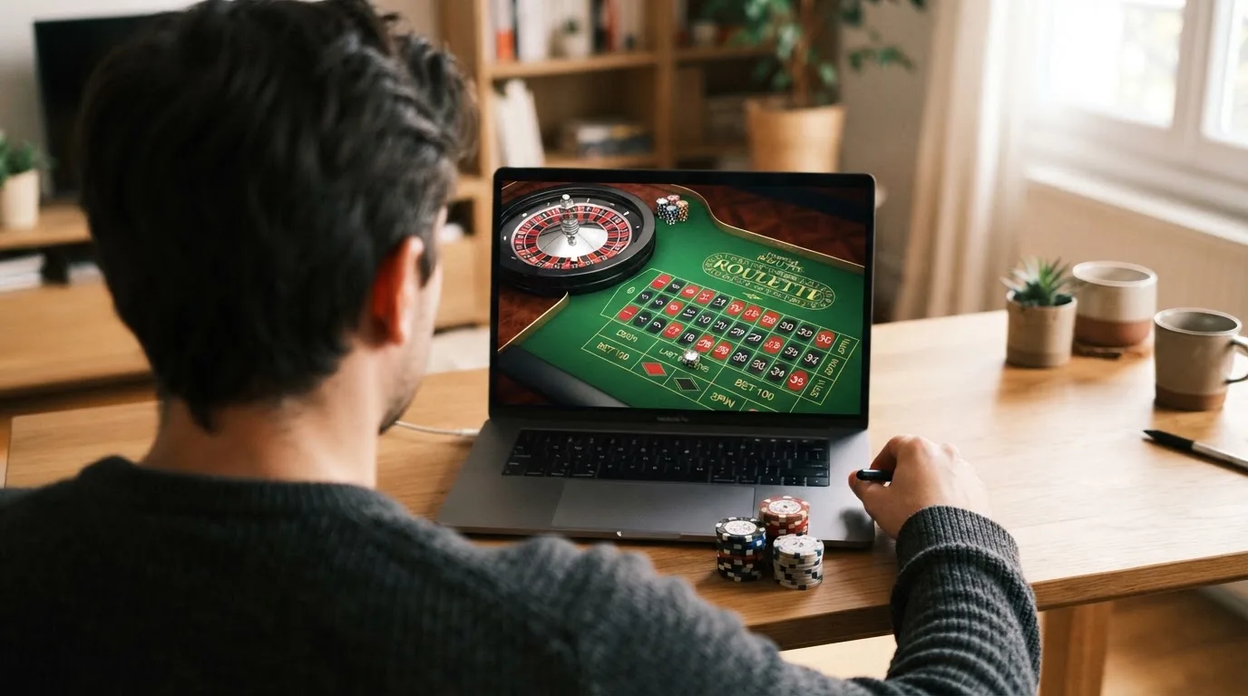 Person am Laptop liest eine Übersichtsseite zu Glücksspielen im Internet — binance coin casino vergleich