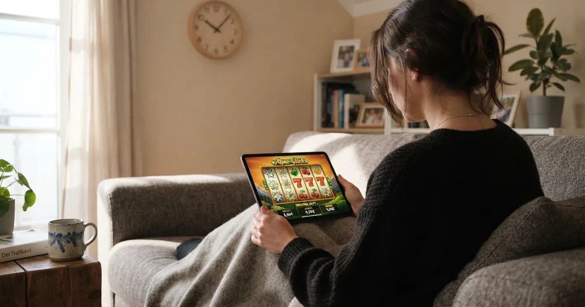Person am Sofa schaut nachdenklich auf ein Tablet, im Hintergrund eine Uhr — casino bonus ohne einzahlung