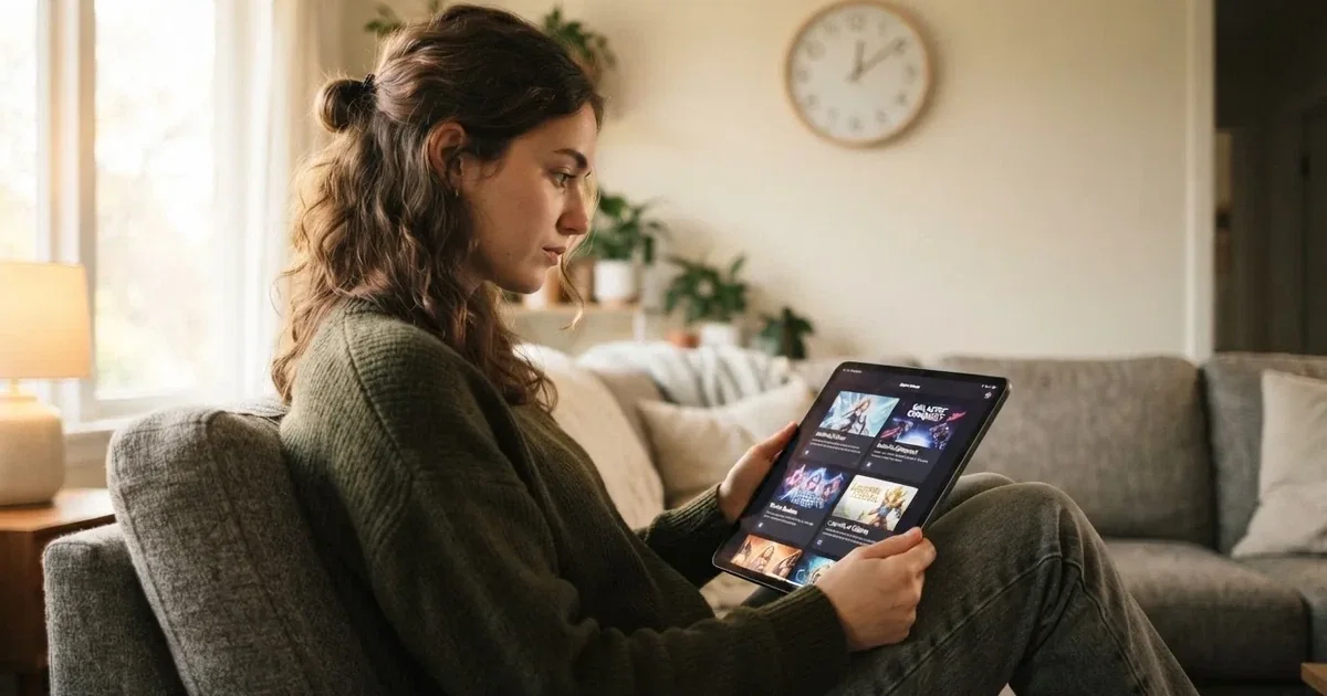 Person am Sofa schaut nachdenklich auf ein Tablet, im Hintergrund eine Uhr — casino online mit bonus ohne einzahlung