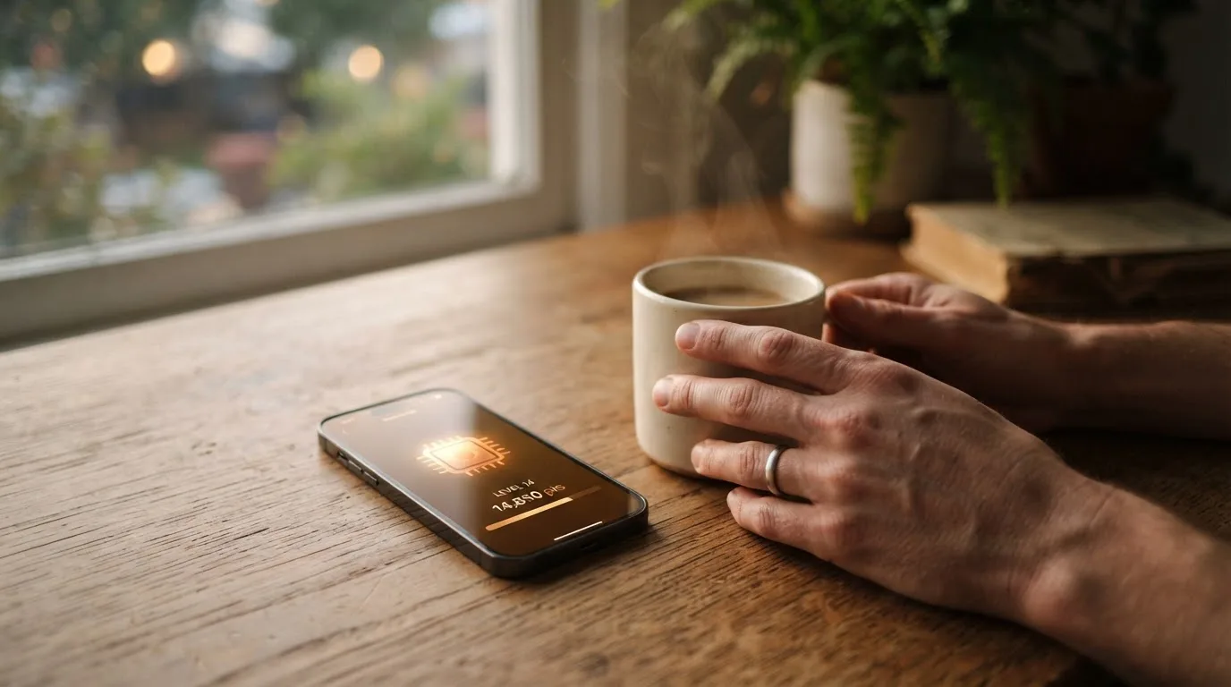 Hände greifen entspannt nach einer Tasse Kaffee neben einem Smartphone auf einem Holztisch am frühen Abend.