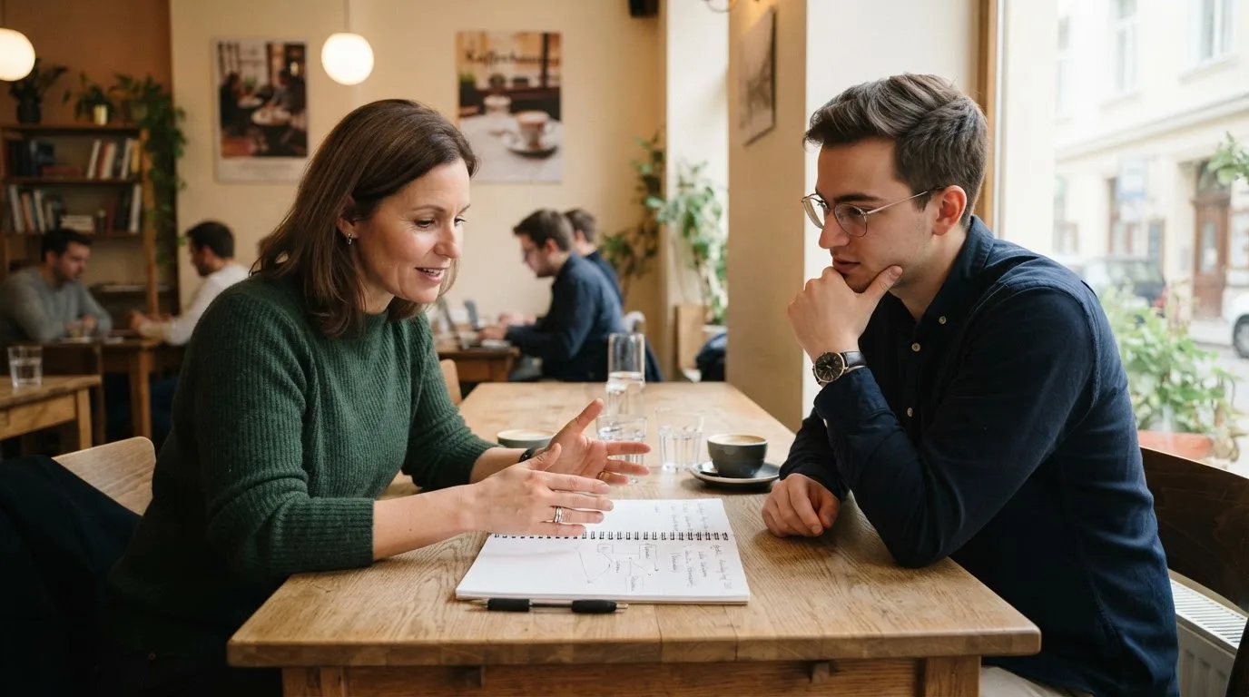 Zwei Personen sitzen an einem Tisch, eine erklärt der anderen etwas auf einem Notizblock ohne lesbaren Text.