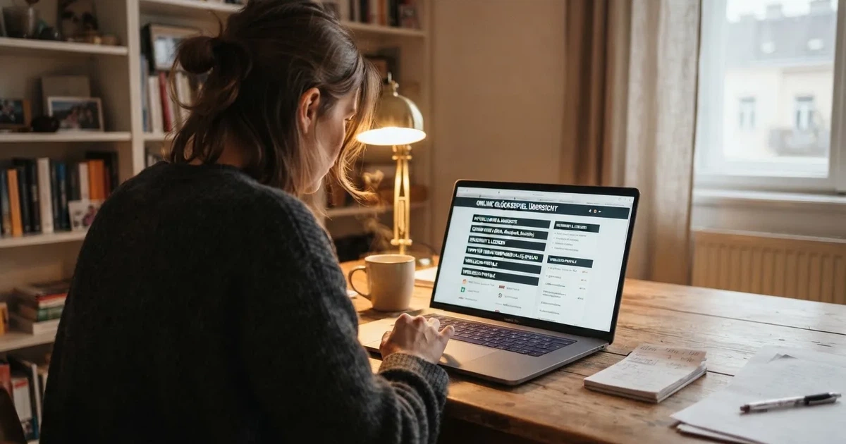 Person am Laptop liest eine Übersichtsseite zu Glücksspielen im Internet — freie 90 tage qualifikationszeitraum casino