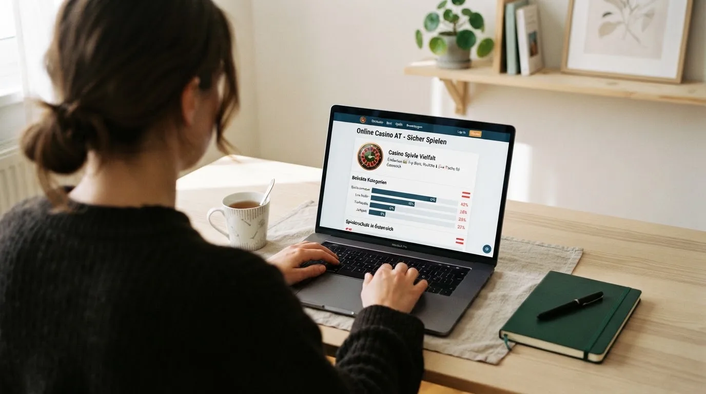 Person am Laptop liest eine Übersichtsseite zu Glücksspielen im Internet — handy casino echtgeld bonus ohne einzahlung