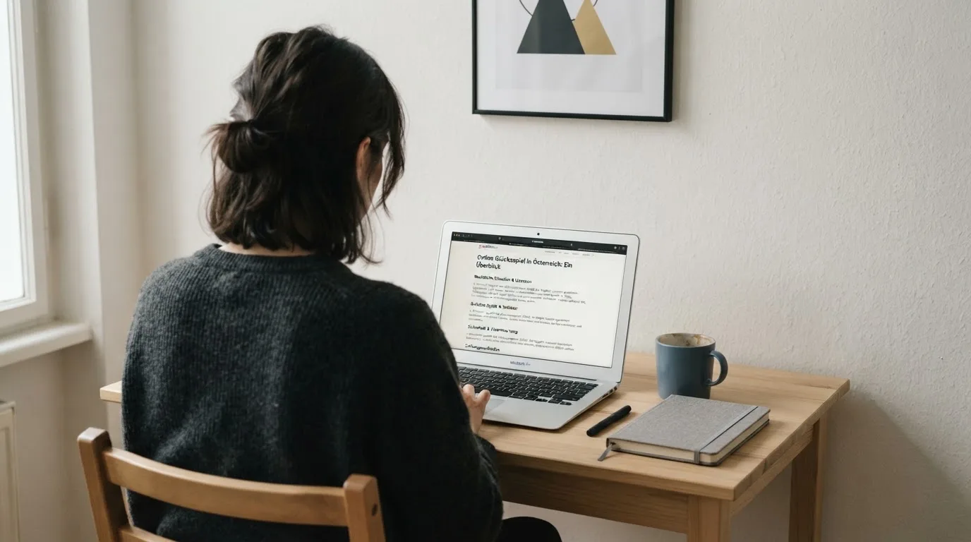 Person am Laptop liest eine Übersichtsseite zu Glücksspielen im Internet — online casino bonus ohne einzahlung ohne download