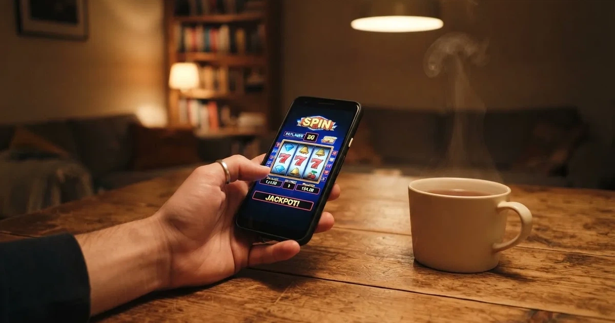 Hand hält ein Smartphone, daneben eine Tasse Tee, ruhige Abendstimmung am Küchentisch — online casino ohne auszahlungslimit