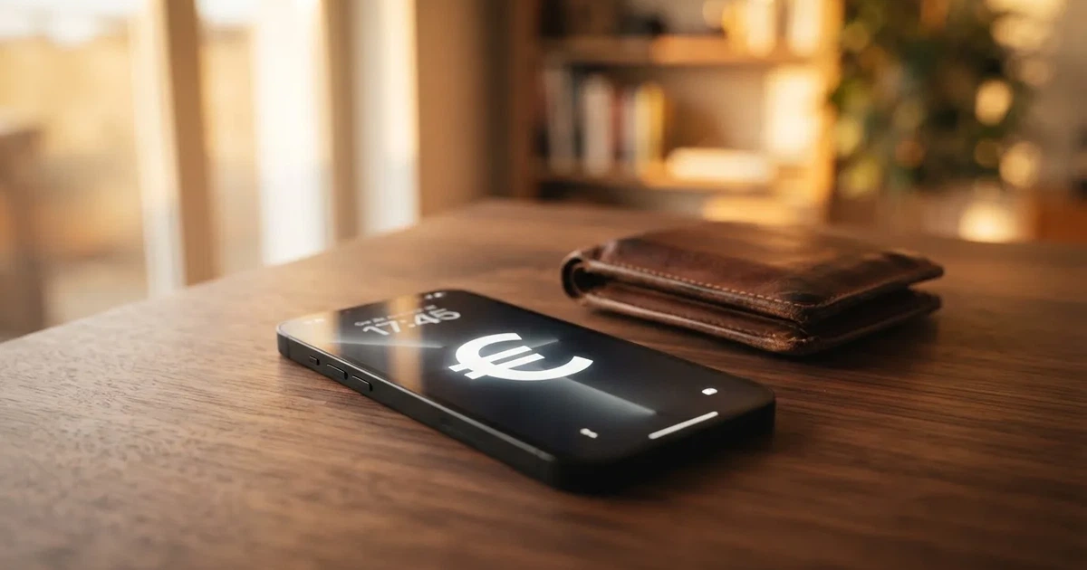 Kartenterminal und Smartphone auf einem Holztisch neben einer Geldbörse — online casino schnelle auszahlung